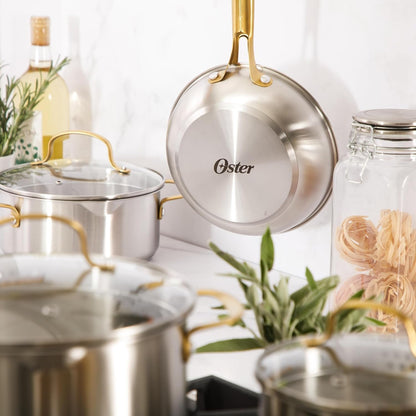 Oster Platinum Sunstreak Pots and Pans Set, 10-Piece Stainless Steel Cookware Set with Glass Strainer Lids and Gold Handles, Induction Cookware Set5