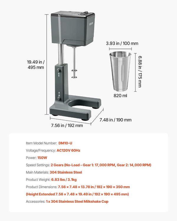 Milkshake Maker, 150W Single Head Milkshaking Machine, Height Ajustable, Dual-Speed Adjustment Drink Mixer Blender with 820Ml Stainless Steel Cup, for Home, Kitchen, Bar & Beverage Shop7