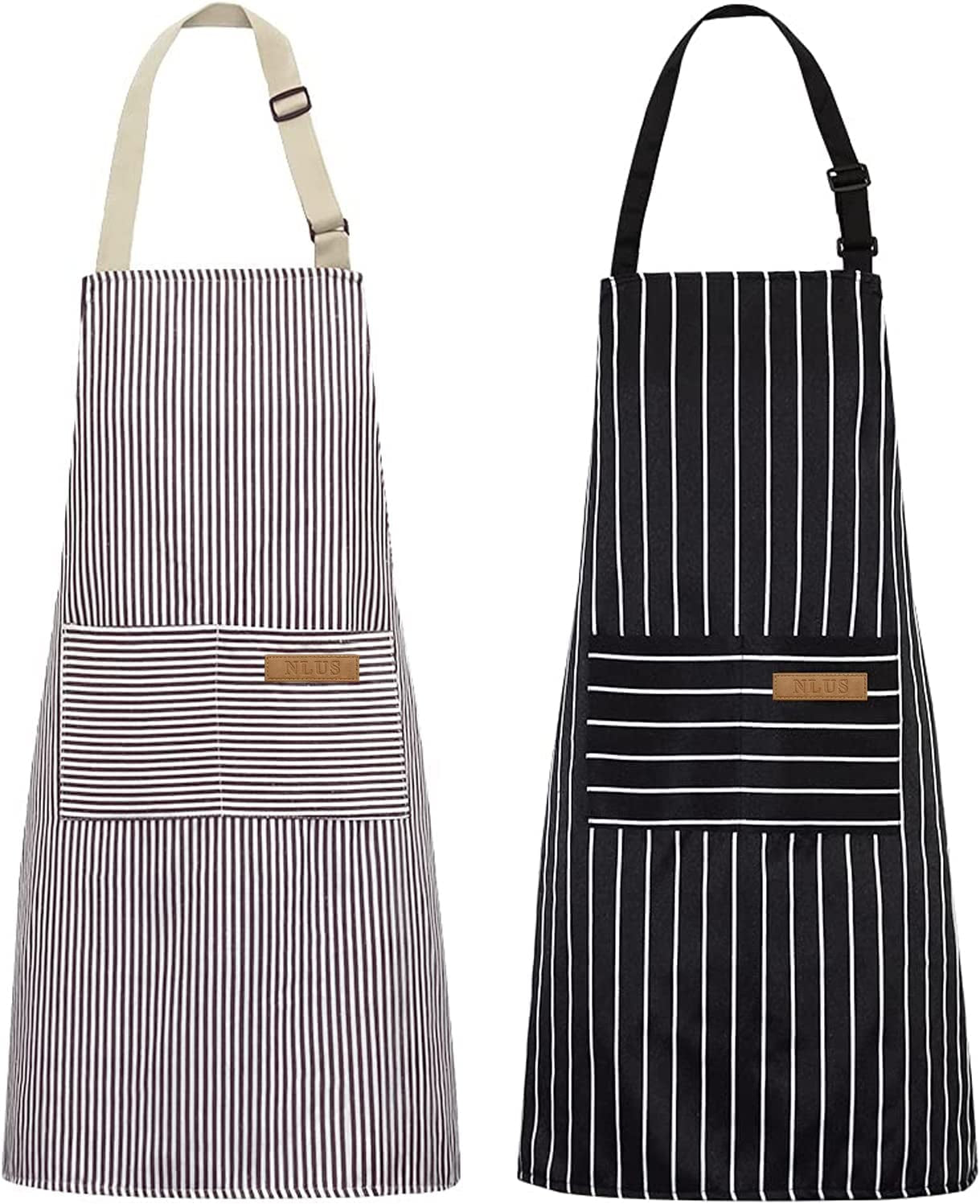 2-pack-kitchen-cooking-aprons-adjustable-bib-soft-chef-apron-with-2-pockets-for-men-womenblack-brown-stripes