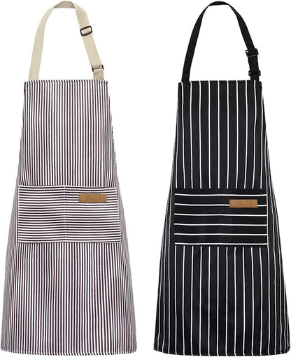 2 Pack Kitchen Cooking Aprons, Adjustable Bib Soft Chef Apron with 2 Pockets for Men Women(Black/Brown Stripes)1