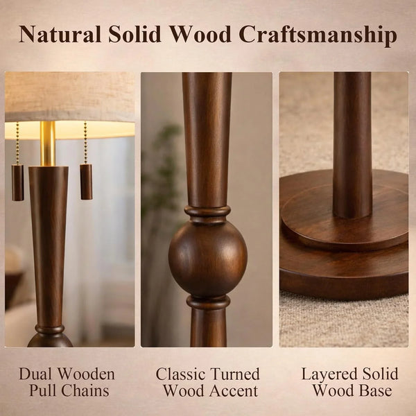 Solid Wood Floor Lamp for Living Room with Wooden Pull Chains | 62.8" Tall,Sculptural Wood Base & Stem,17" Linen Drum Shade,2-Light Standing Lamp for Bedroom & Reading Corner,Bulbs Included3