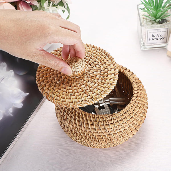 round Rattan Basket Box with Lid Wicker Storage Baskets Bin, X-Small7