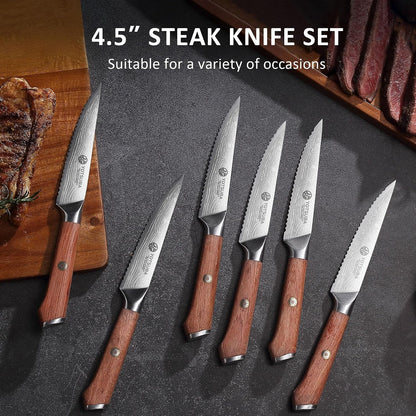 Steak Knives Set of 6 with Full Tang Rosewood Handle | Razor-Sharp Serrated Steak Knives, High Carbon Stainless Steel Dinner Knives, Premium Gift6