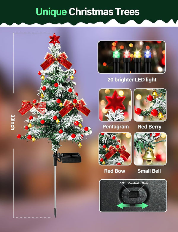 Solar Christmas Trees Lights Outdoor Decoration Waterproof, 40LED Small Solar Power Xmas Tree Pathway Lights, Solar Garden Decorative Stake Lights Yard Decor with Snow 2 Modes for Path Lawn Patio,2Pcs2