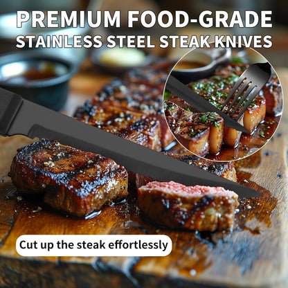 24-Piece Black Silverware Set with Steak Knives Black Stainless Steel Flatware Set for 4 Food Grade Tableware Cutlery Set Rust-Proof, Mirror Polished, Dishwasher Safe7