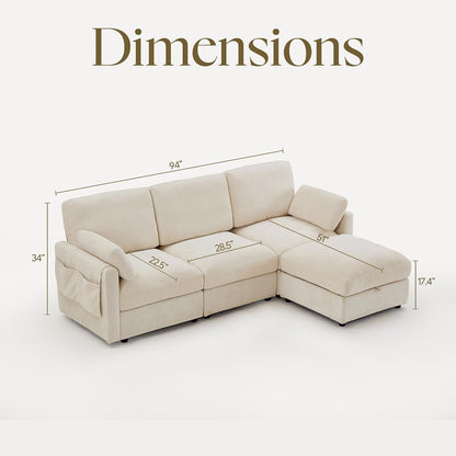Modular Sectional Couch Chenille Fabric Upholstery Washable Sofa with Side Pocket No Tool Assembly Cloud Seating Comfort Couches for Livingroom Apartment - Beige 3 Seater with Ottoman 94"2