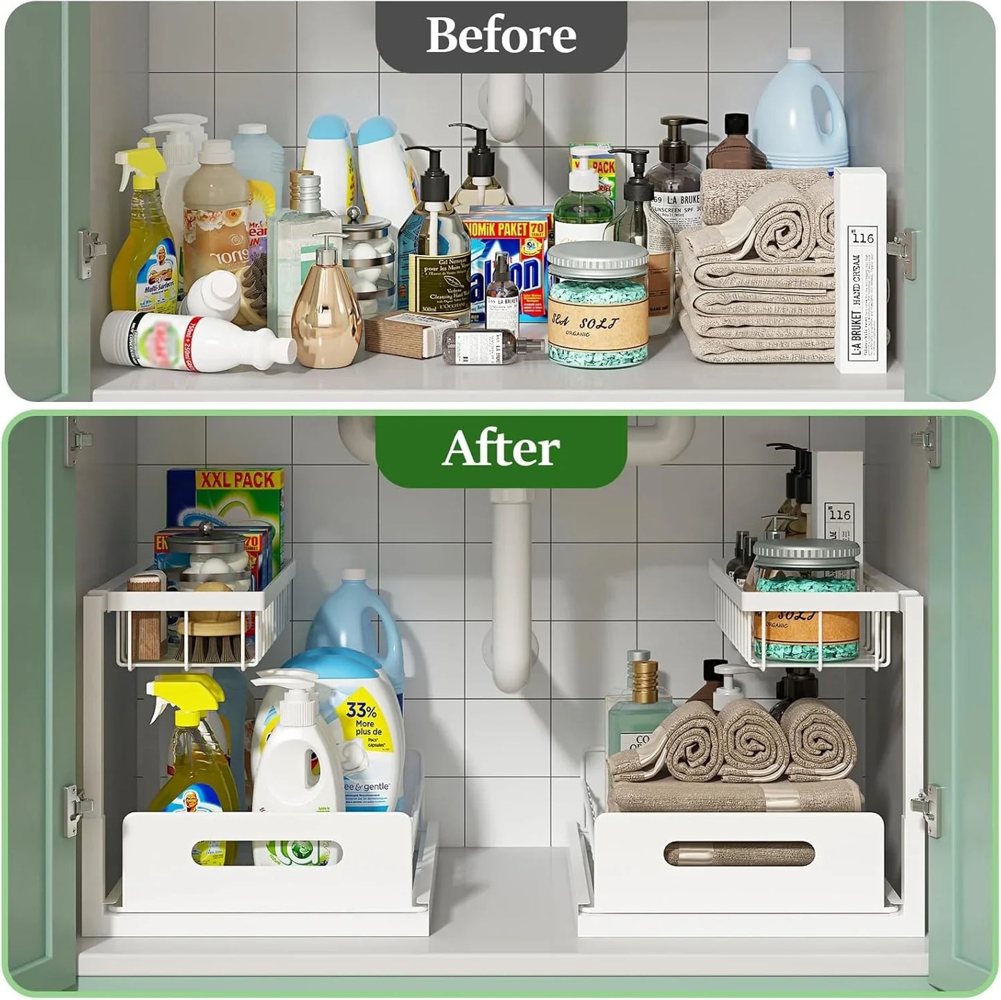 Under sink cabinet before and after organization using 2-tier pull out white storage shelves with neatly arranged cleaning products and towels