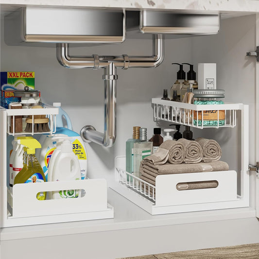 Under-sink organizer with cleaning supplies, towels, and toiletries in a kitchen setting.