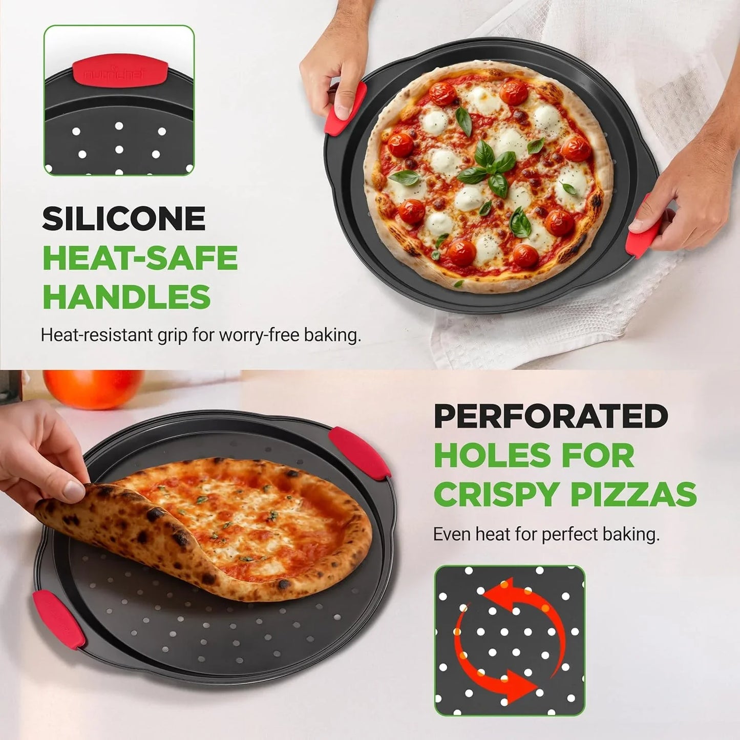 Two 13-inch nonstick perforated pizza pans with red silicone heat-safe handles holding freshly baked pizzas