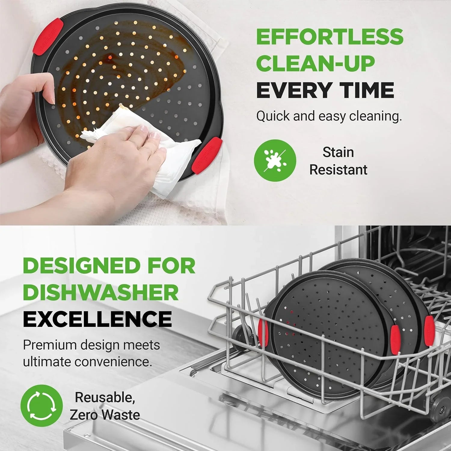 Perforated nonstick pizza pan with red silicone handles being wiped clean and placed in dishwasher for easy cleanup