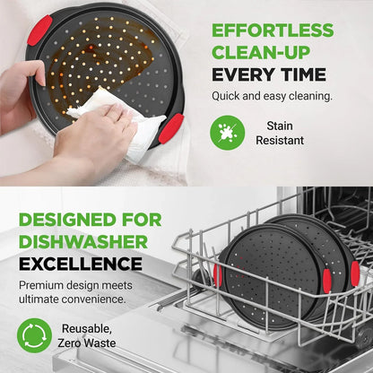 Perforated nonstick pizza pan with red silicone handles being wiped clean and placed in dishwasher for easy cleanup