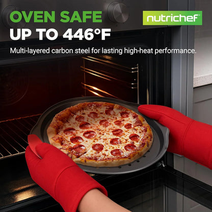 Two-piece 13-inch nonstick perforated pizza pan set with silicone handles holding pepperoni pizza