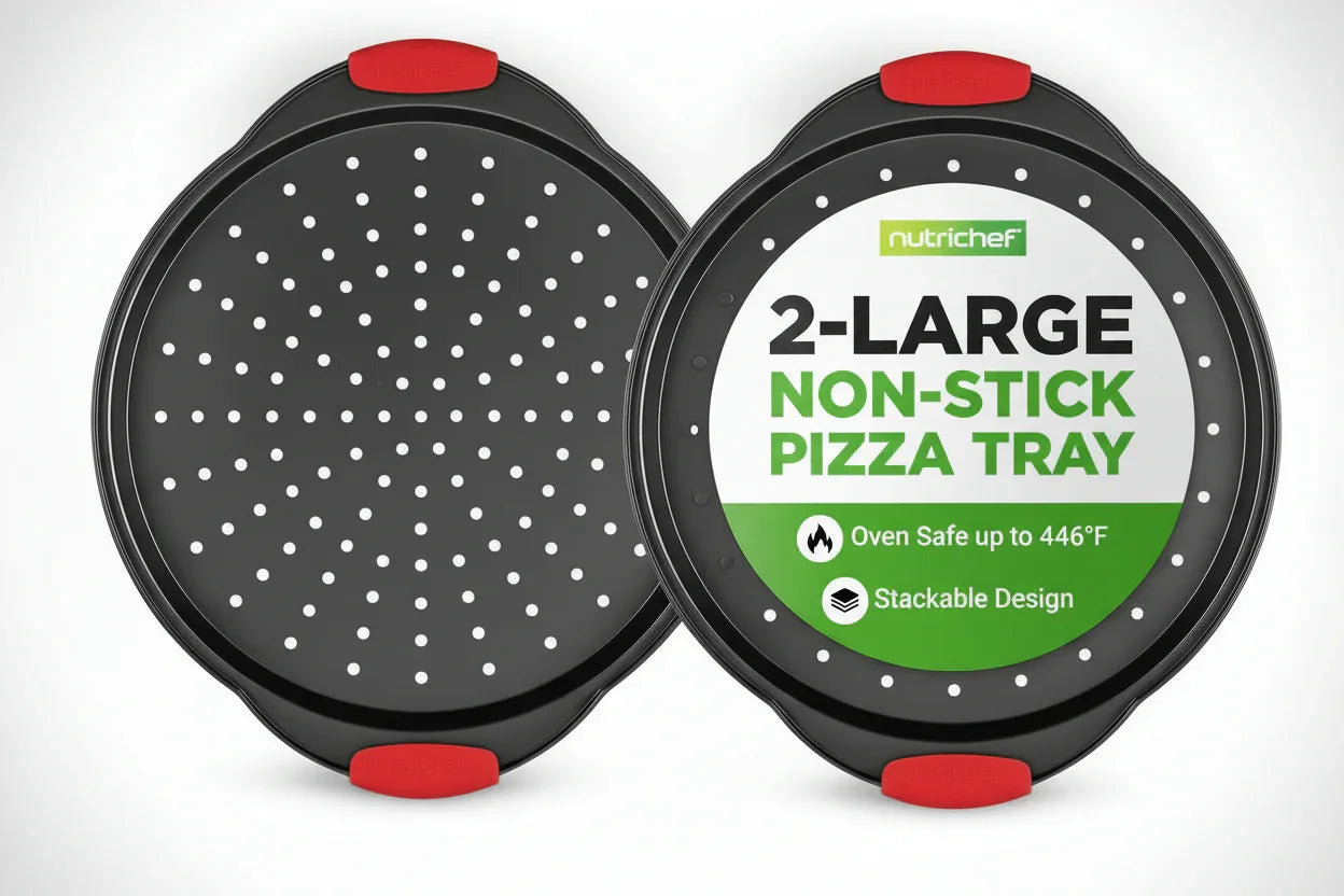 2-piece set of large black non-stick perforated pizza trays with red silicone handles, oven safe up to 446°F