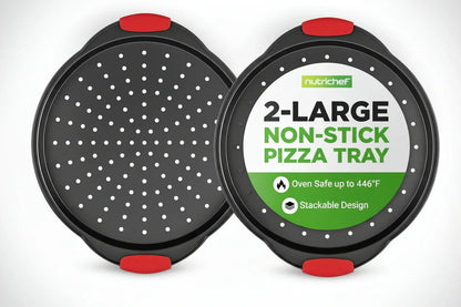 2-piece set of large black non-stick perforated pizza trays with red silicone handles, oven safe up to 446°F