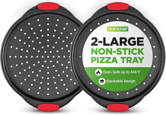 Two 13 inch nonstick perforated pizza pans with silicone handles stacked together.