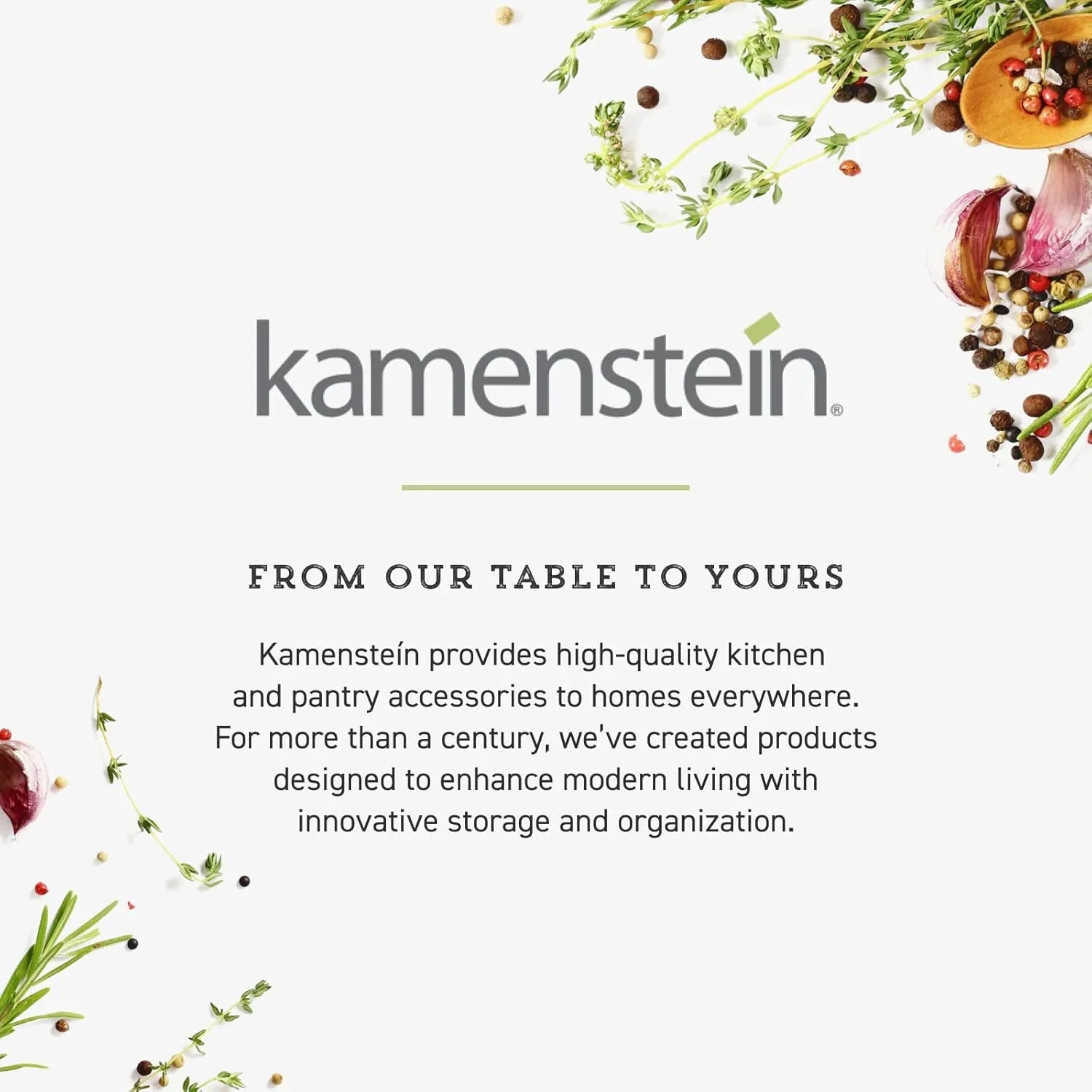 Kamenstein logo with herbs, garlic cloves, and peppercorns on white background, kitchen accessories text