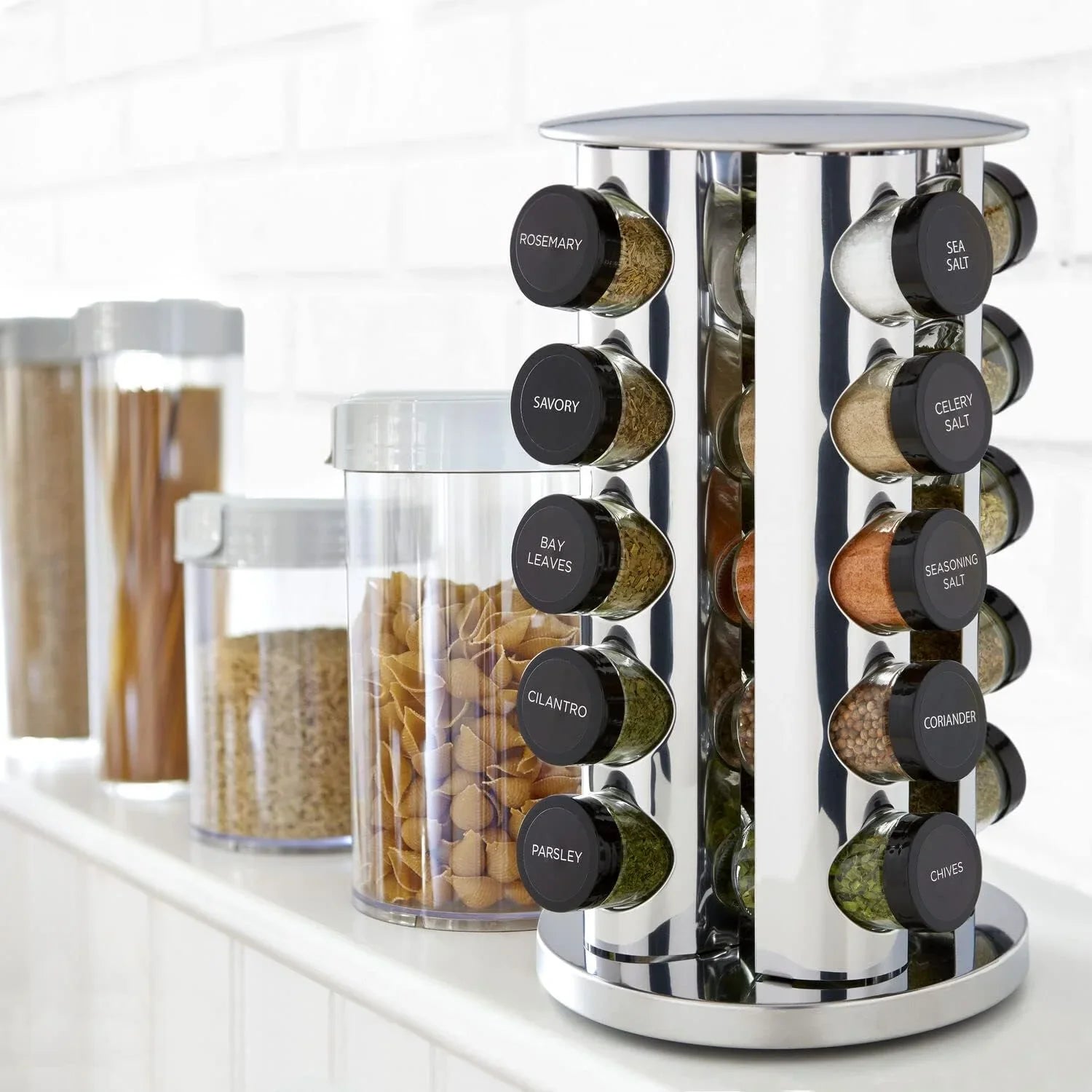 20-jar revolving countertop spice rack with labeled glass jars including rosemary, sea salt, and parsley