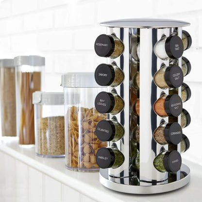 20-jar revolving countertop spice rack with labeled glass jars including rosemary, sea salt, and parsley