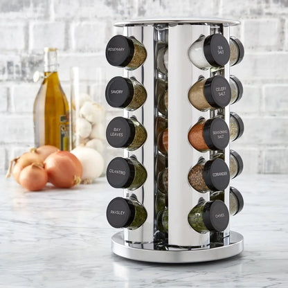 20-jar revolving countertop spice rack with labeled spices including rosemary, sea salt, and cilantro on marble kitchen counter
