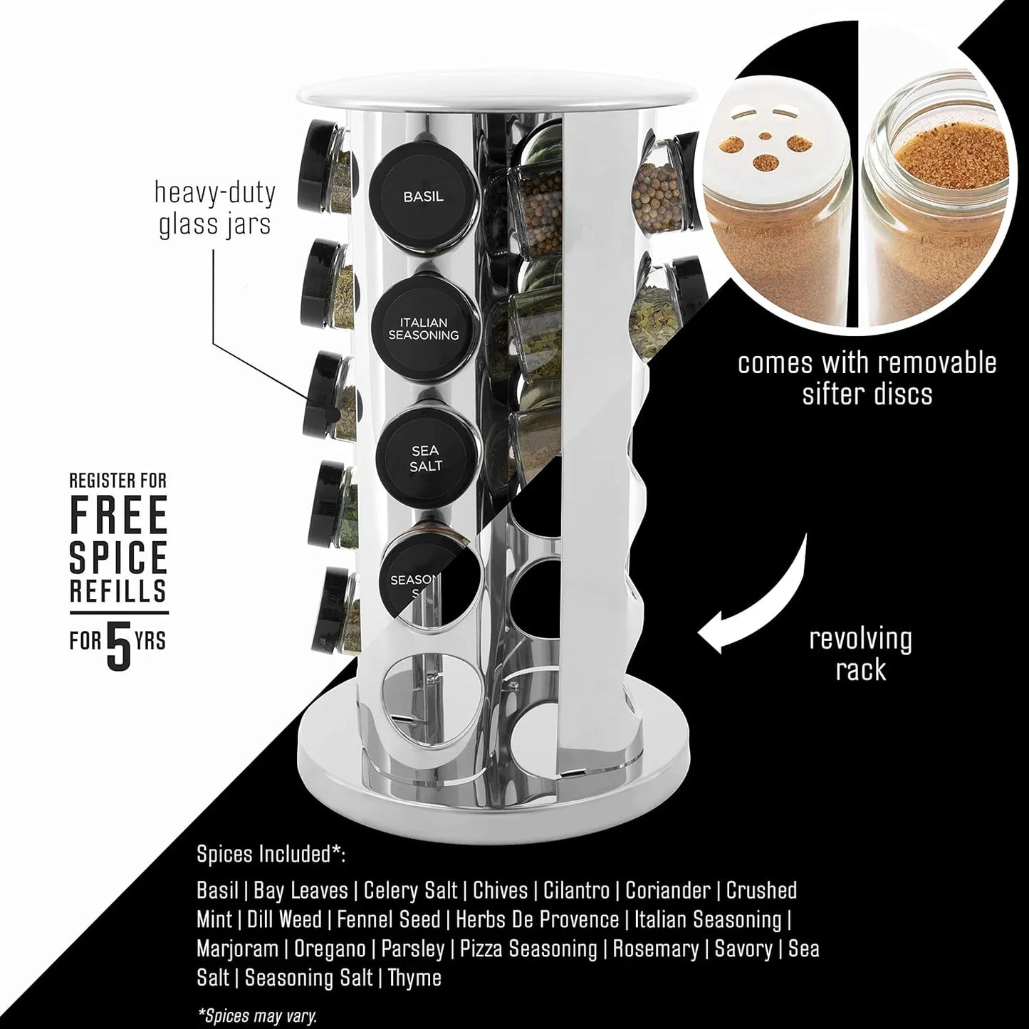 20-jar revolving stainless steel spice rack with labeled heavy-duty glass jars and removable sifter discs