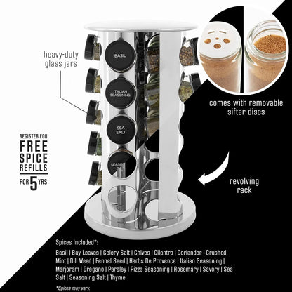 20-jar revolving stainless steel spice rack with labeled heavy-duty glass jars and removable sifter discs