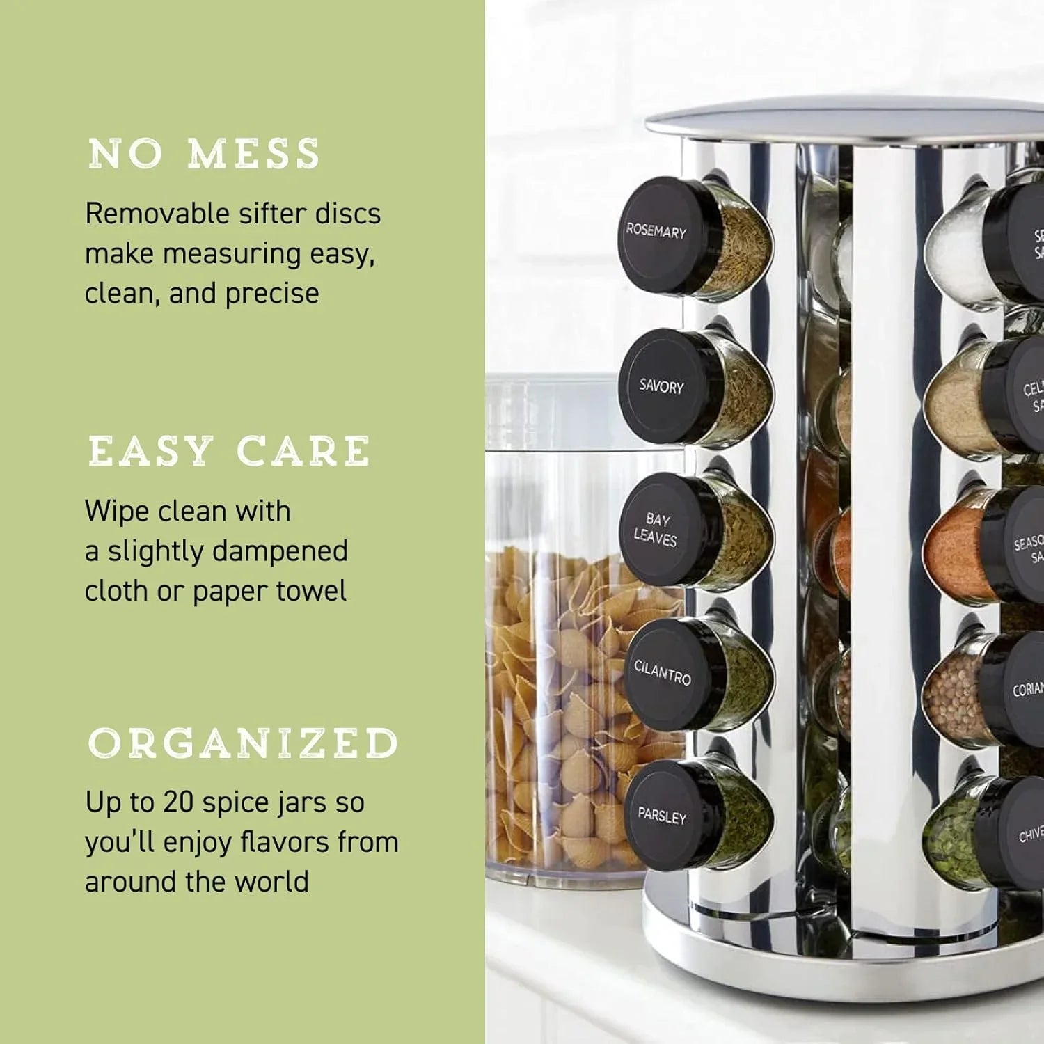 20-jar revolving stainless steel countertop spice rack with labeled jars and pasta container