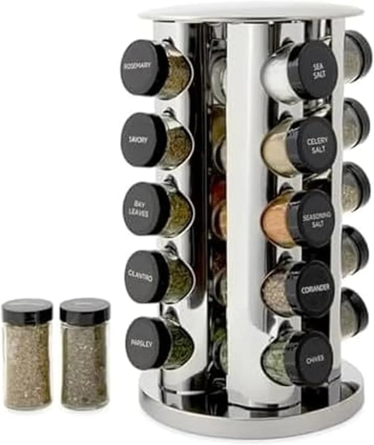 20-jar revolving countertop spice rack with labeled jars including rosemary, savory, bay leaves, parsley, sea salt, and more