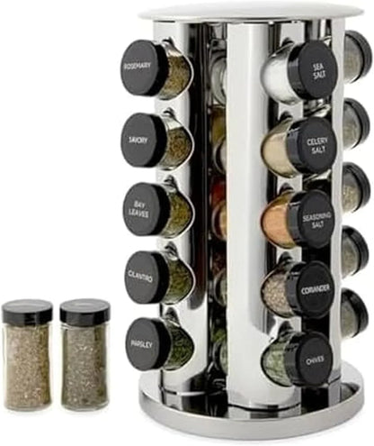 20-jar revolving countertop spice rack with labeled jars including rosemary, savory, bay leaves, parsley, sea salt, and more