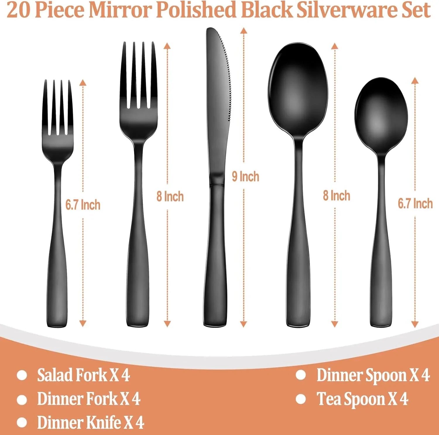 20-piece black mirror polished stainless steel silverware set including forks, knives, and spoons with size details