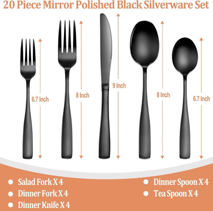 20-piece black mirror polished stainless steel silverware set including forks, knives, and spoons with size details