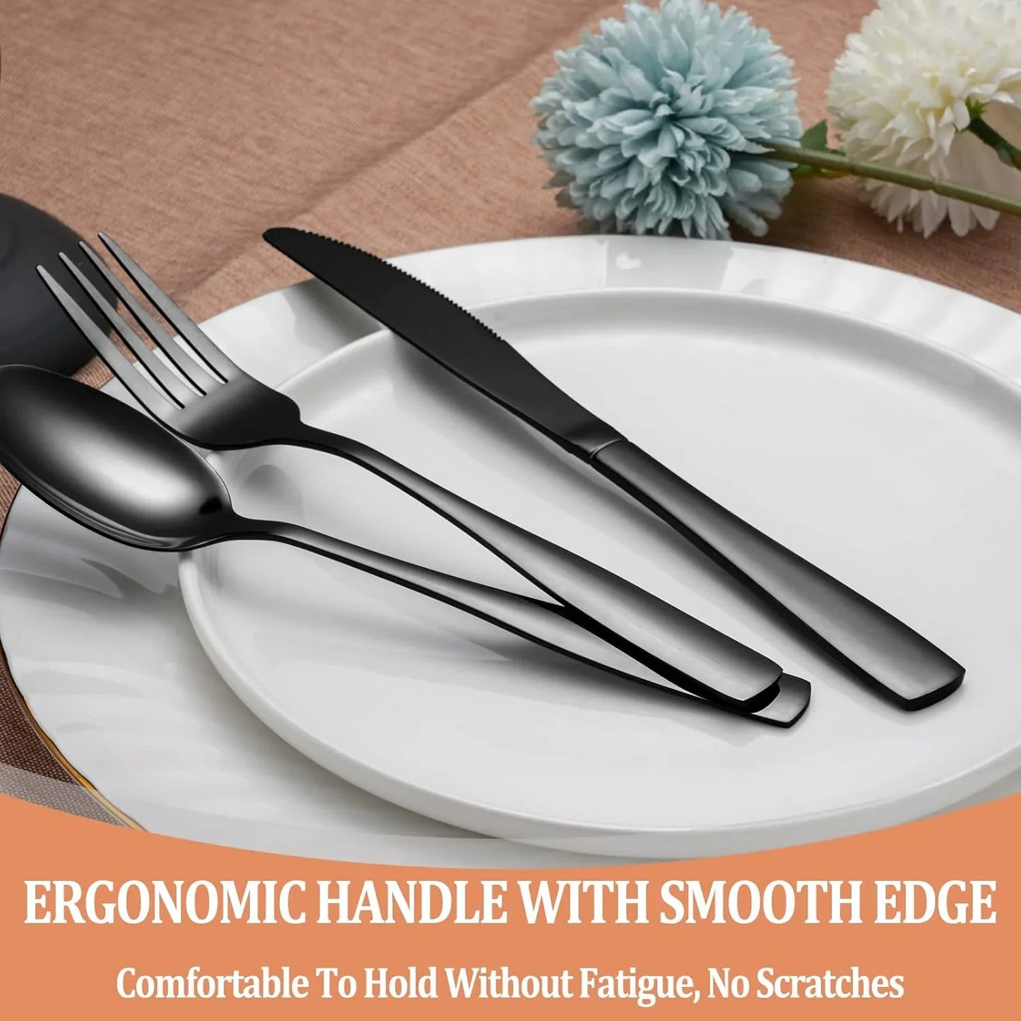 Black stainless steel fork, knife, and spoon on white plates with blue and white flowers