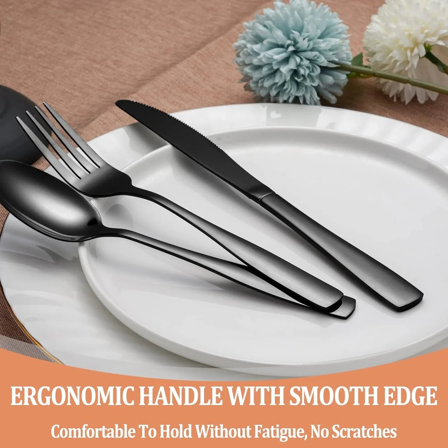 Black stainless steel fork, knife, and spoon on white plates with blue and white flowers
