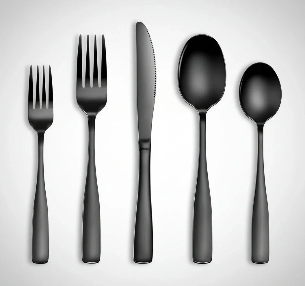 20-piece black stainless steel flatware set with forks, knife, and spoons on white background