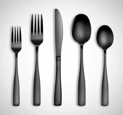 20-piece black stainless steel flatware set with forks, knife, and spoons on white background