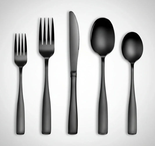 20-piece black stainless steel flatware set with forks, knife, and spoons on white background