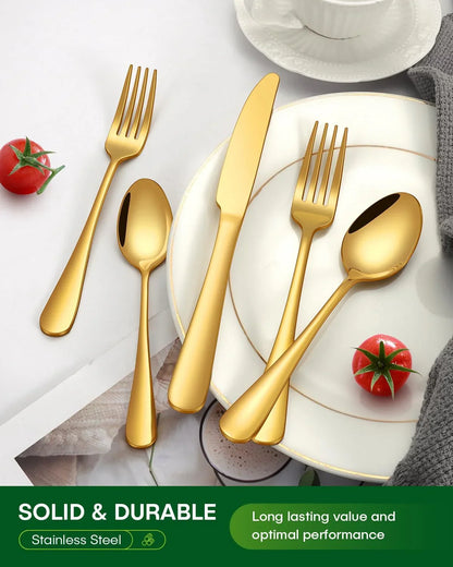 20-piece gold stainless steel flatware set with forks, spoons, and knife on white plates