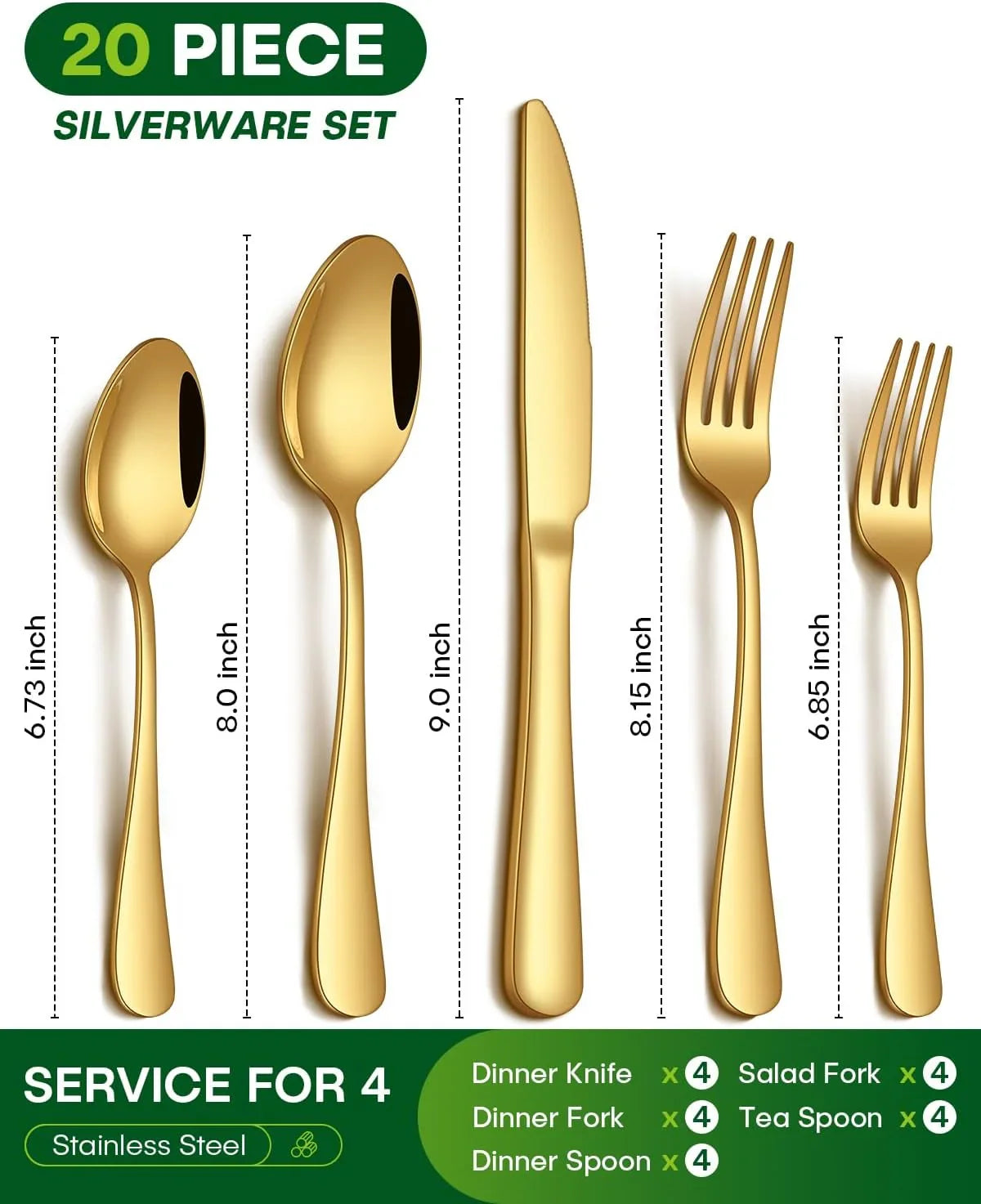 20-piece gold stainless steel flatware set for 4 with dinner knife, forks, spoons, and teaspoons