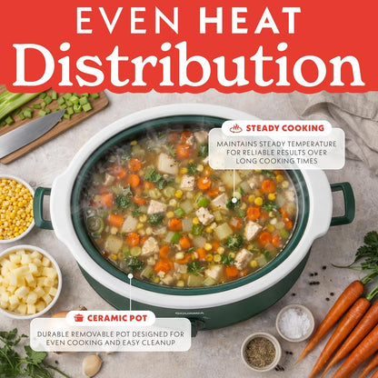 Slow Cooker - 7 Quart Removable Ceramic Pot, Manual Controls with 3 Temperature Settings, Dishwasher Safe Crock and Glass Lid, Green7