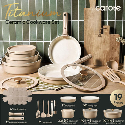 19 Pcs Ceramic Cookware Set Titanium Nonstick with Detachable Handles, Non Toxic Cookware, Pots and Pans Set Non Stick Removable Handles, Induction Available, Kitchen Cooking, Dishwasher Safe2
