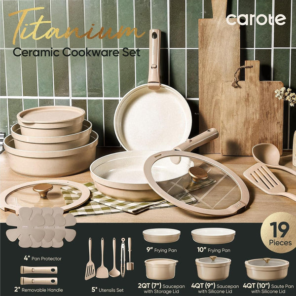 19 Pcs Ceramic Cookware Set Titanium Nonstick with Detachable Handles, Non Toxic Cookware, Pots and Pans Set Non Stick Removable Handles, Induction Available, Kitchen Cooking, Dishwasher Safe2
