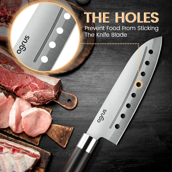 Santoku Knife - Santoku Chef Knife with Plastic Grip - 7 Inch Japanese Santoku Knife - Versatile Knife for Chopping, Slicing, Mincing - Steel Blade with Holes - Cuts Meat, Fish, Vegetables5