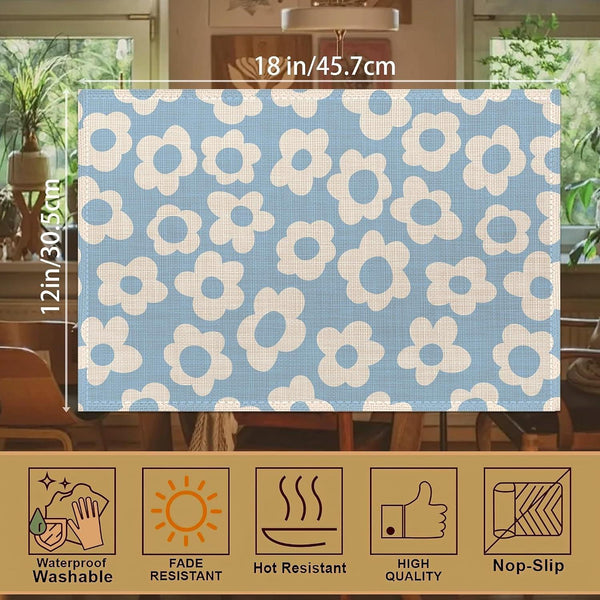 Vintage Groovy Flowers Placemats Set of 6, 12X18 Inch Waterproof Stain Resistant Linen Table Placemats Summer Seasonal Farmhouse Kitchen Party Decor Home Decor2