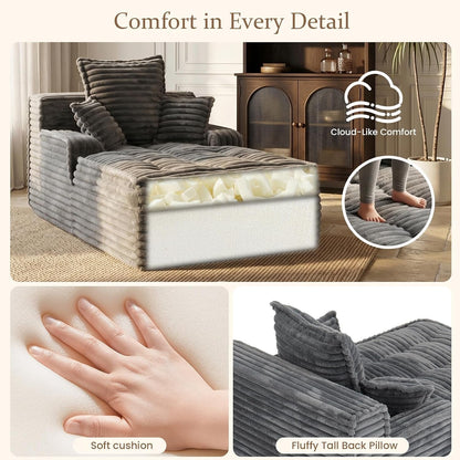 Boneless Chaise Lounge Couch Indoor, Small Corduroy Upholstered Sleeper Sofa Bed Reading Chairs with 3 Pillows, Fluffy Comfy Cloud Sofas Couches, Compression Boneless Sofa for Small Corner4