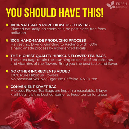 , 140 Bags Hibiscus Flowers Tea, 100% Natural and Pure. Loose Flower Hibiscus Herbal Tea. Hibiscus Flower Tea. No Sugar, No Caffeine, No Gluten, Vegan.2