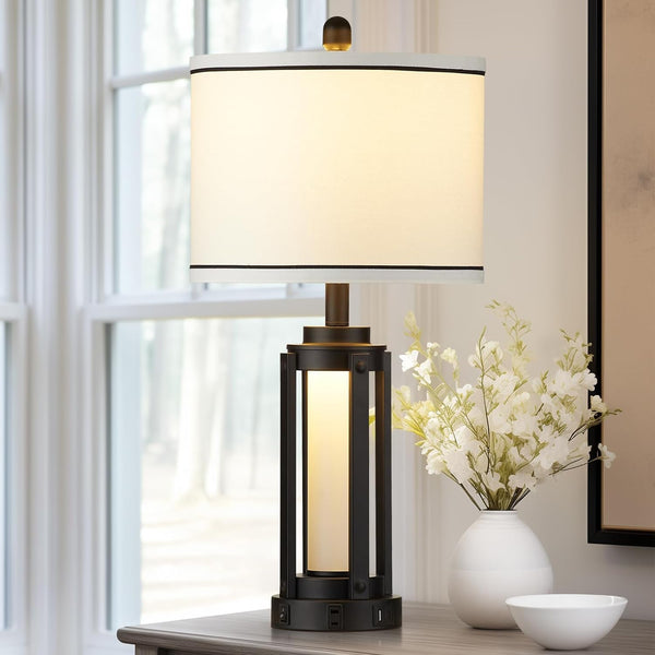 26" Modern Table Lamp with USB A+C Charging Ports & AC Outlet, Industrial beside Contemporary Lamp Glass LED Night Light for Living Room Bedroom Nightstand End Table Single Black(2 Bulbs Included)7