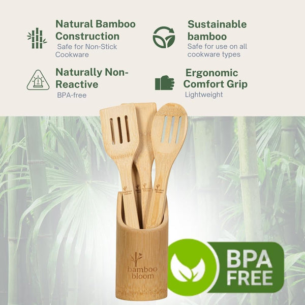 4 Piece Kitchen Utensils Set - Bamboo Cooking Utensils with Comfort Grip, Including Utensil Holder, Bamboo Spoons, Shovels & Spatulas | Wooden Utensil Set for Non-Stick Pans, Kitchen Essentials4