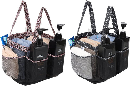 2 Pack Haundry Mesh Shower Caddy Tote Bag Hanging Portable Toiletry Bag College Dorm Essentials Quick Dry Bath Organizer for College Dorms, Gym, Camp for Bathroom Accessories(Leopard Print)1