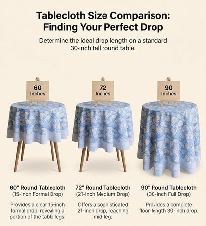 Cotton Blockprint round Tablecloth, Azora Blue, 90 Inches7