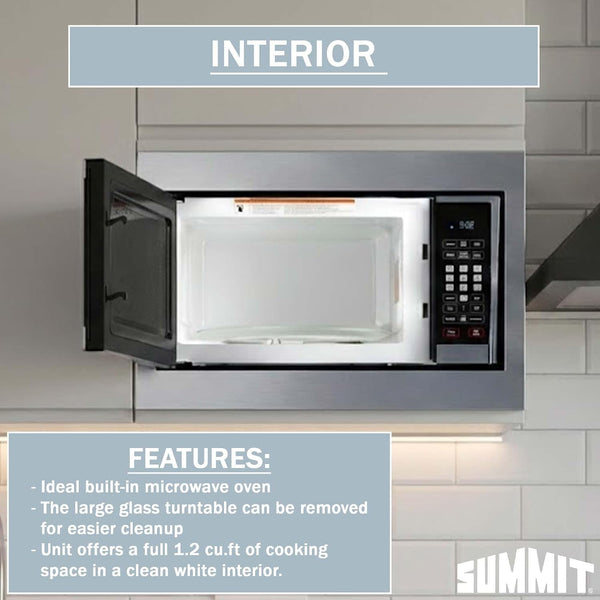 Summit 24" Built-In Microwave with Trim Kit, Stainless Steel - SMBI24 | 1000W Built-In Microwave with Stainless Steel Trim Kit Designed to Fit 15 3/4" H X 22 1/2" W X 18 1/4" D Wide Cutouts8