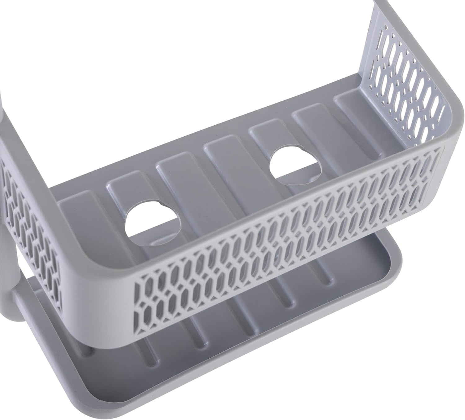 molded-shower-caddy-bathroom-storage-hangs-over-shower-head-6-accessory-hooks-holds-razors-washcloths-accessories-suction-cup-stability-grey